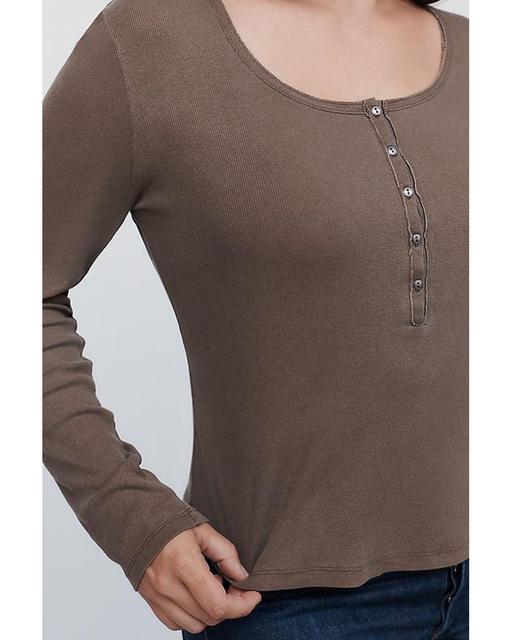 Pilcro Brown Ribbed Long-Sleeve Henley Top