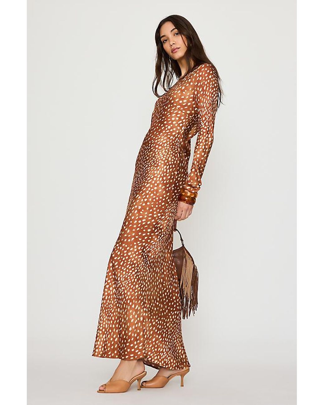 Never Fully Dressed Brown Soho Deer Print Satin Maxi Dress
