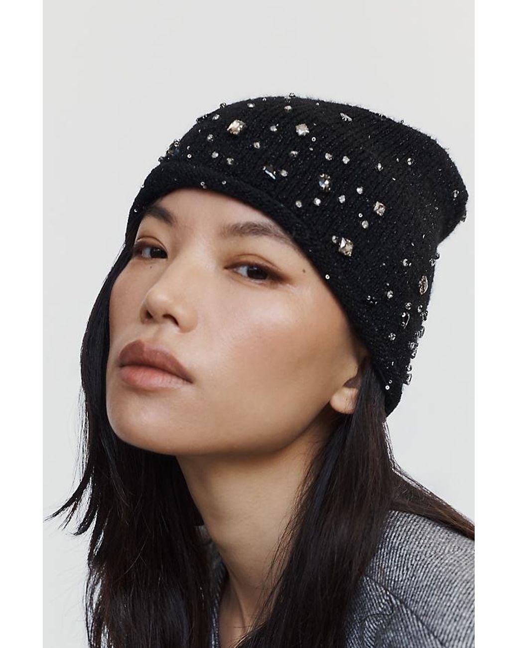 By Anthropologie Black Cuffless Embellished Beanie