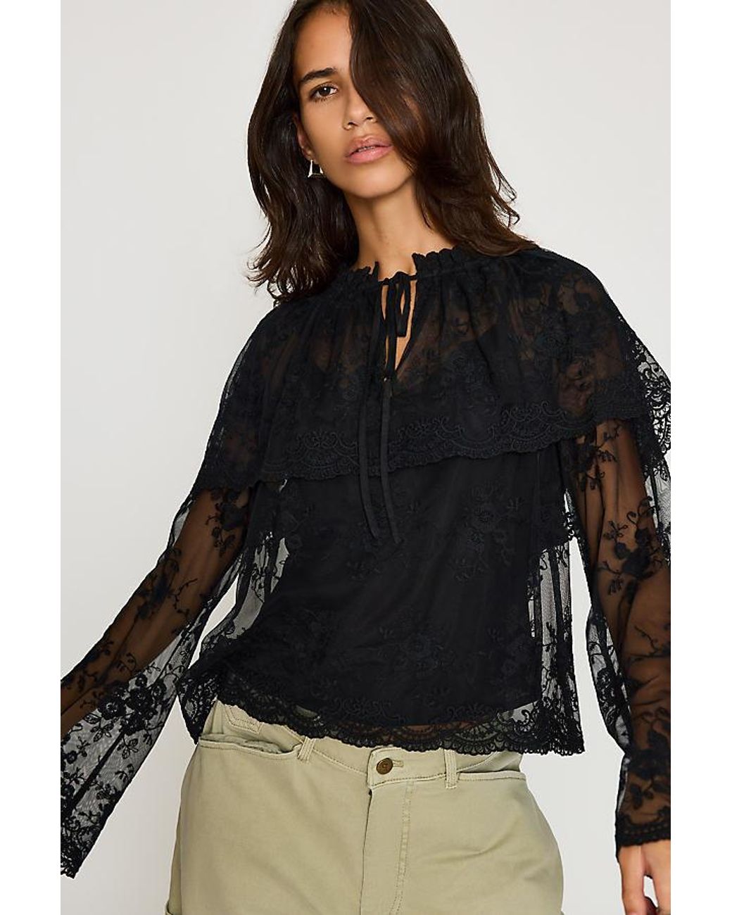 By Anthropologie Black Long-Sleeve Cape Lace Blouse