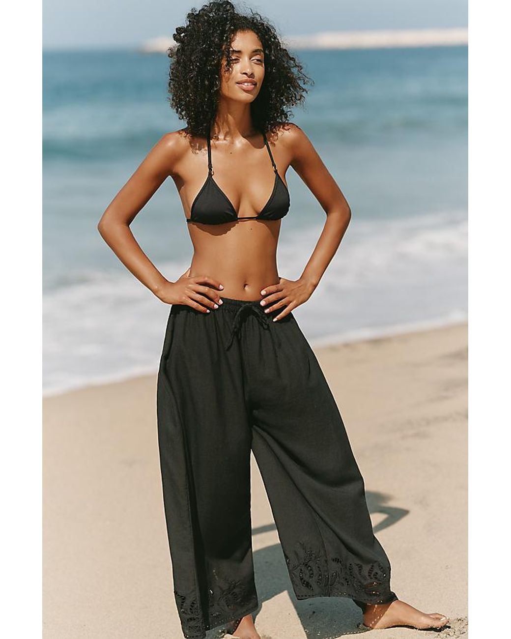 Celandine Blue Cutout Linen-Blend Trousers