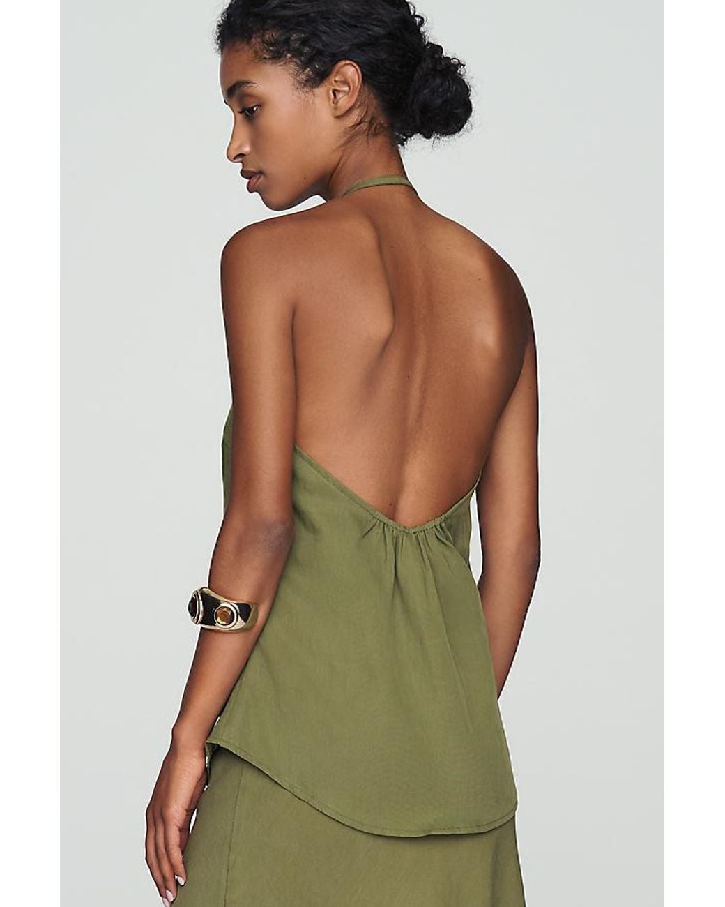 By Anthropologie Green Bias Wrap Halter Top