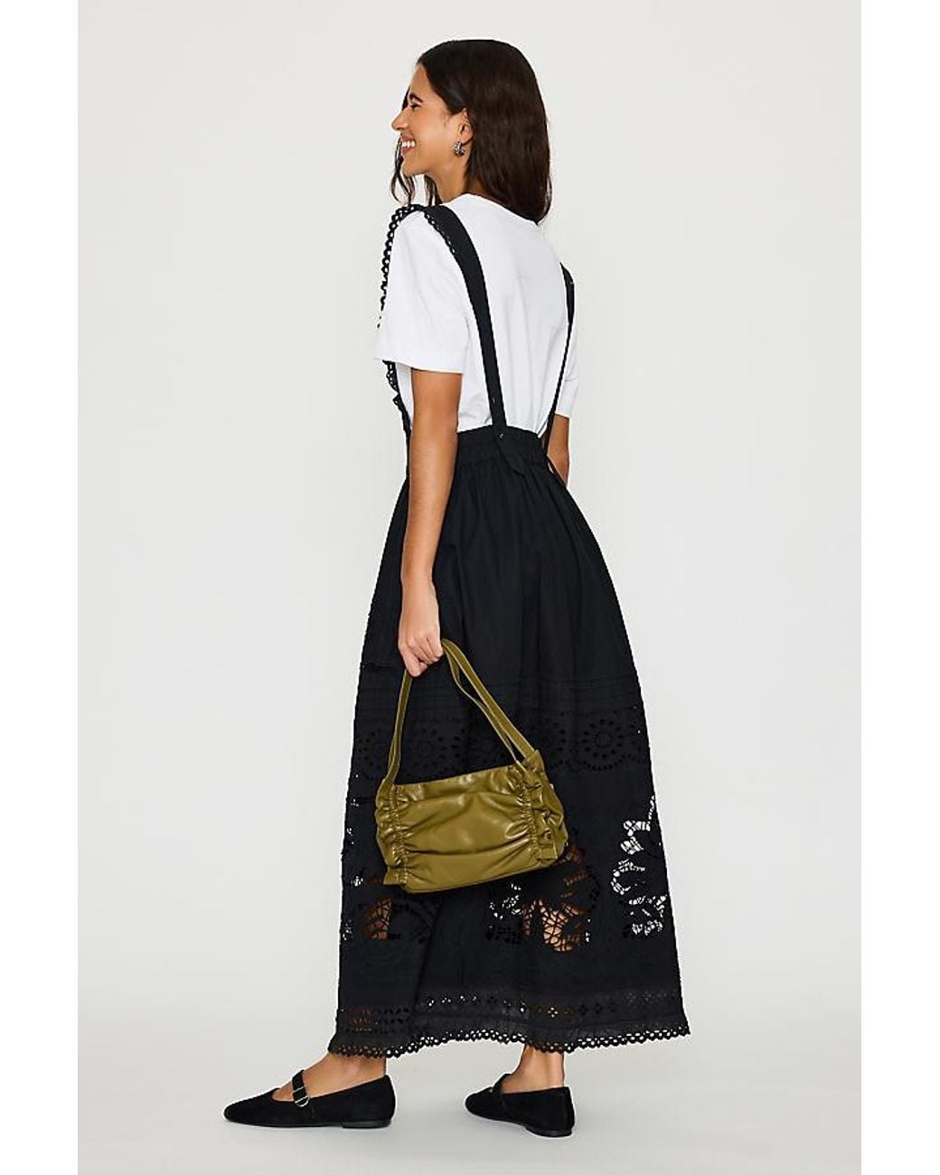 Bl-nk Black 100% Cotton Cutwork Midi Pinafore Dress