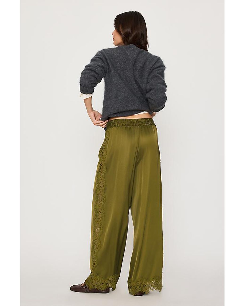 By Anthropologie Green Satin Lace Wide-Leg Trousers