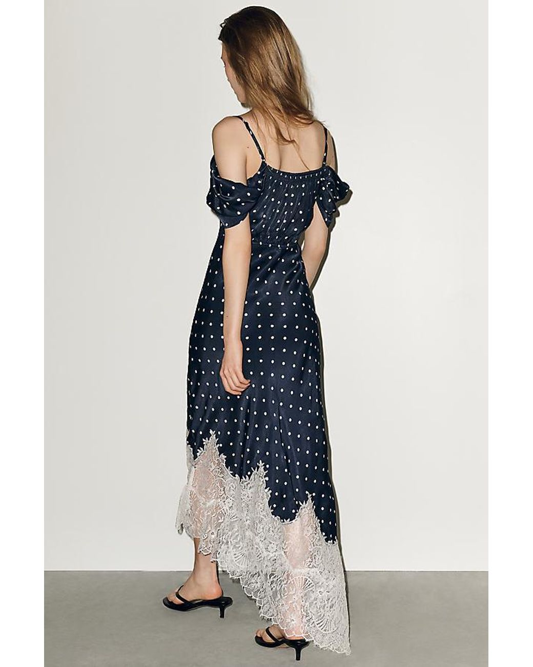 Bl-nk Blue Regina Polka Dot Lace-Trim Midi Slip Dress