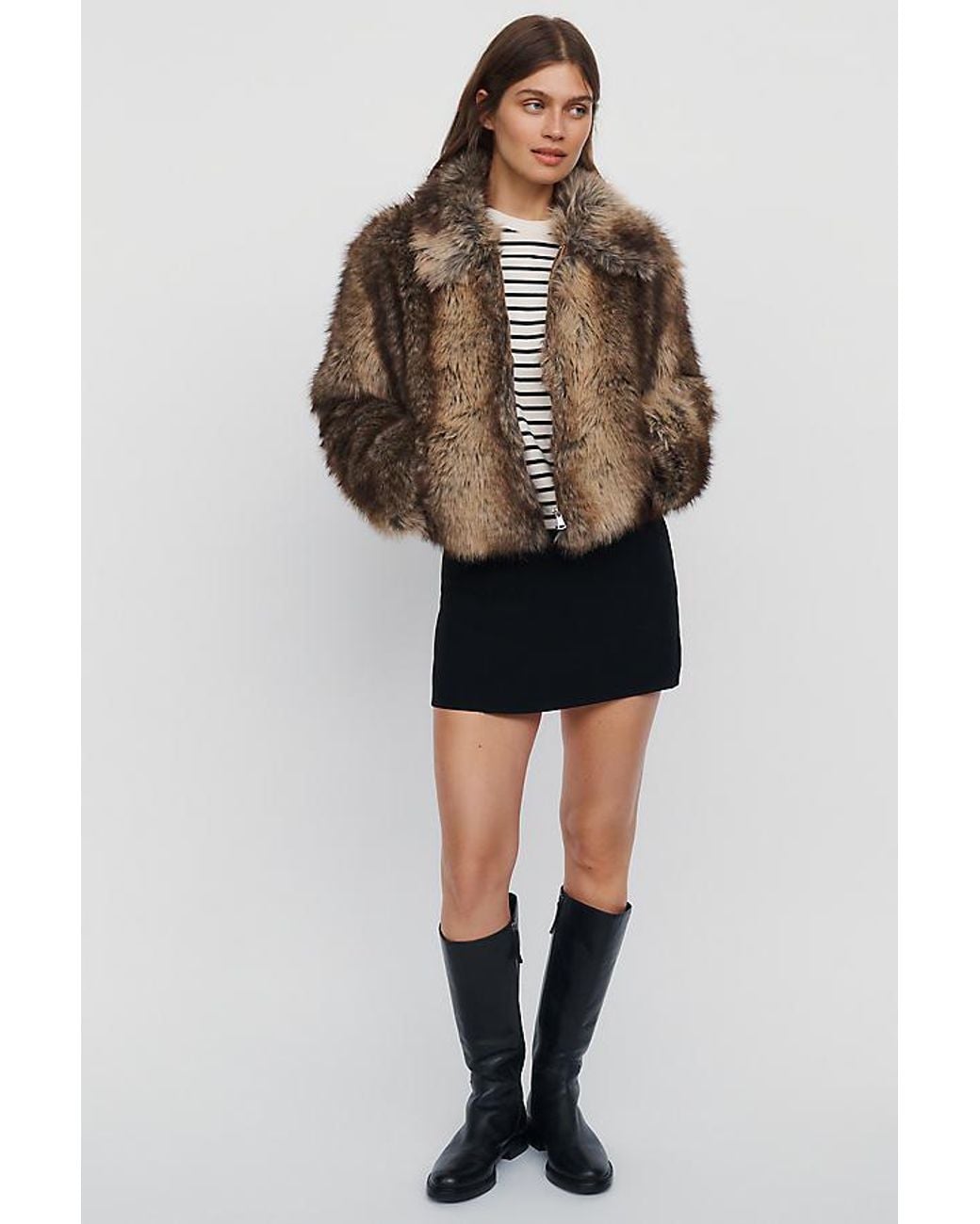 Maeve Brown Cropped Faux-Fur Coat