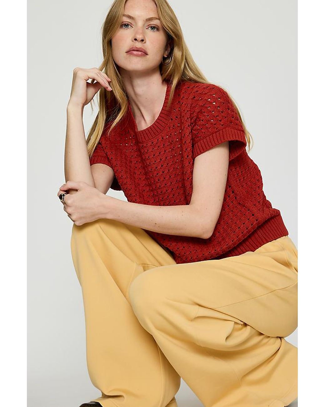 Varley Red Denny Open Knit Top