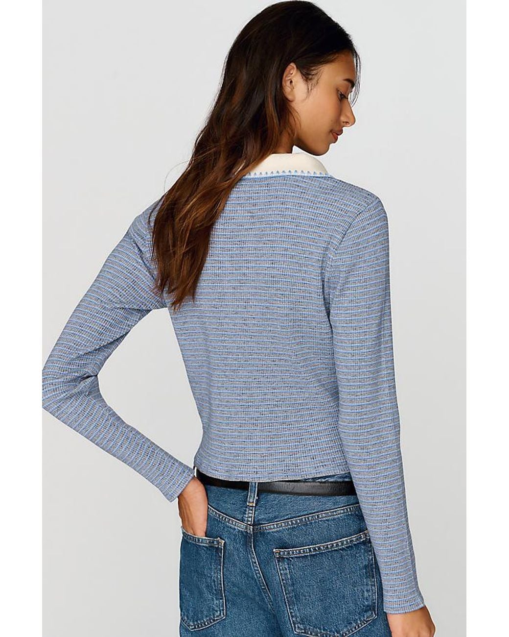 Pilcro Blue Cotton-Blend Stitchy Stripe Polo Top