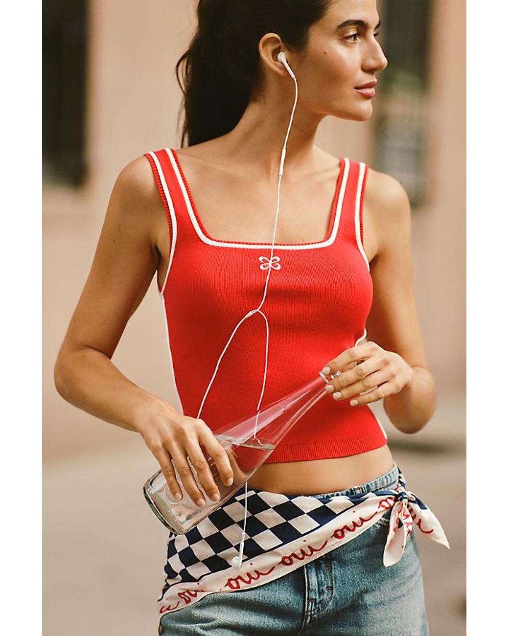 Maeve Blue Square-Neck Logo Knit Tank Top