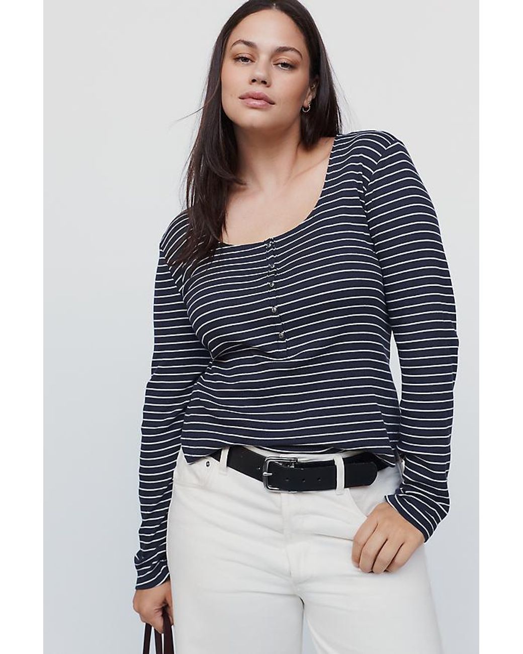 Pilcro Blue Ribbed Long-Sleeve Henley Top