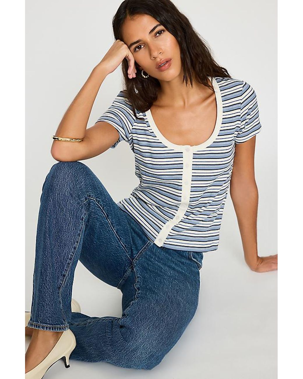 By Anthropologie Blue Scoop-Neck Stripe Ribbed Top