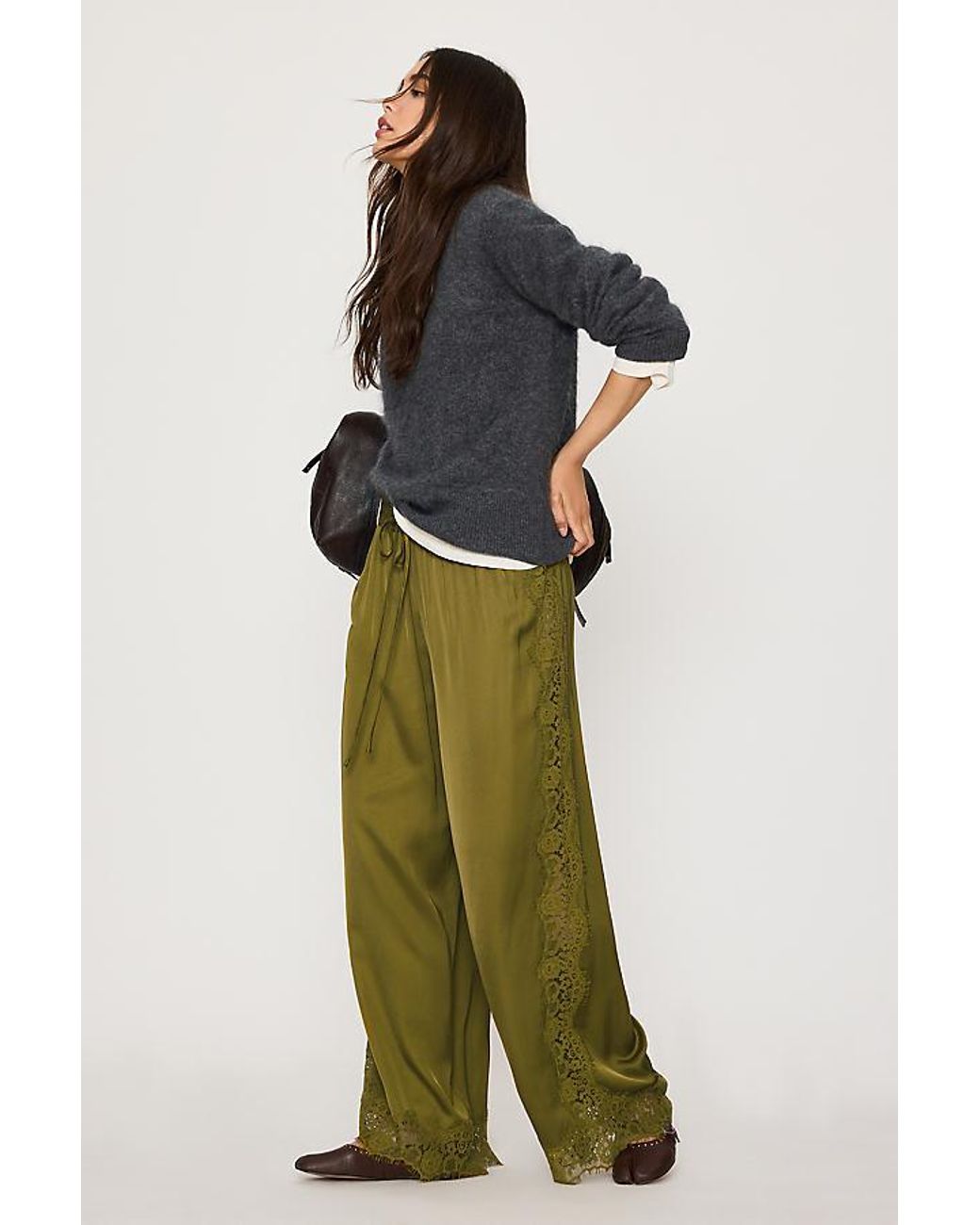 By Anthropologie Green Satin Lace Wide-Leg Trousers