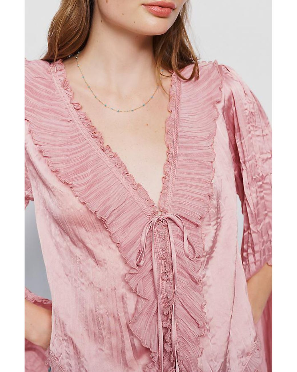By Anthropologie Pink Mariana Satin Ruffled Tie-Front Blouse