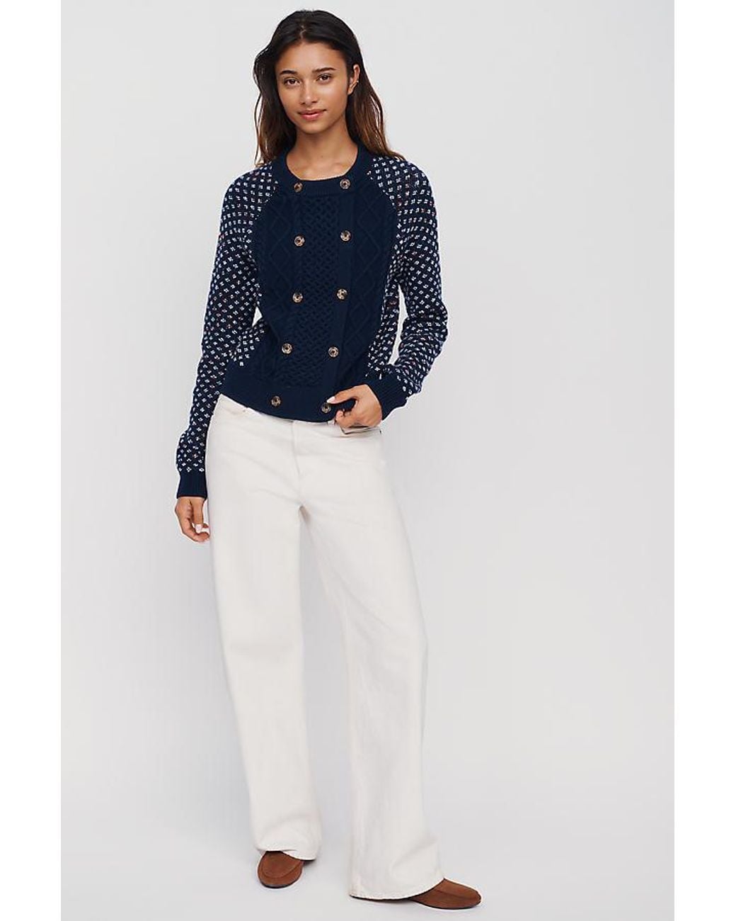 Maeve Blue Cotton-Wool Blend Double Breasted Cardigan