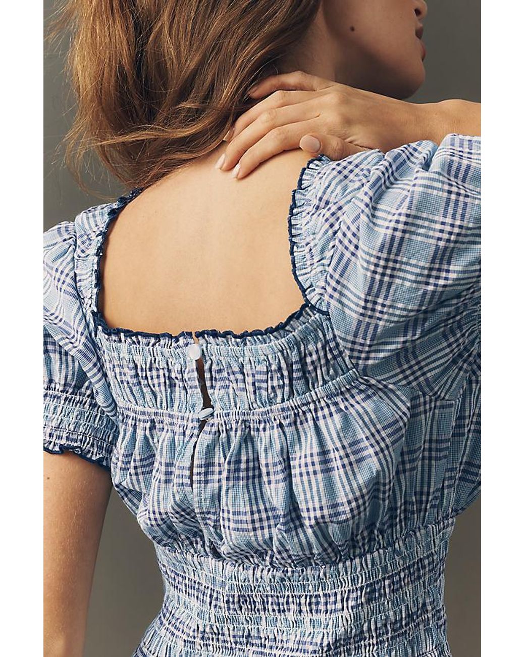 Maeve Blue Smocked Puff-Sleeve Gingham Top