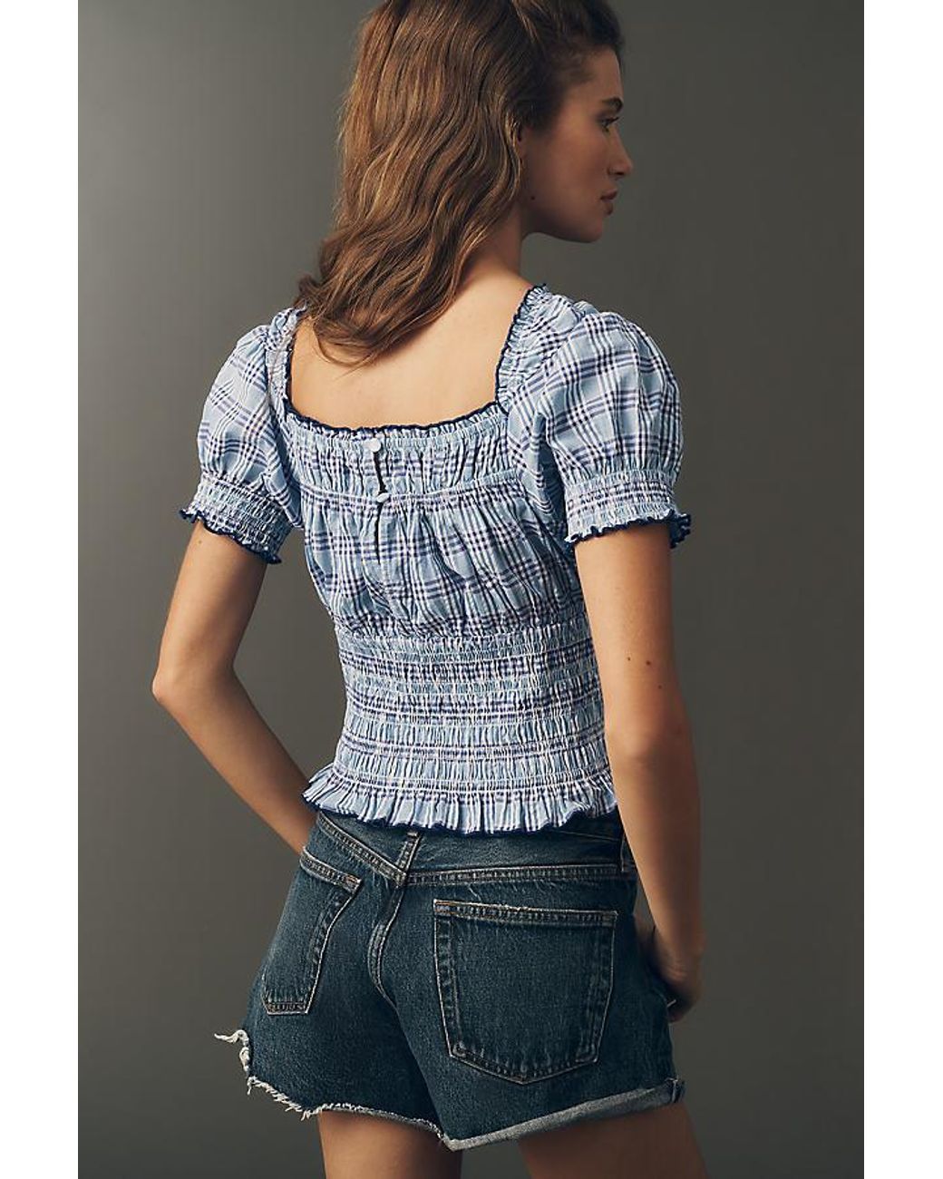 Maeve Blue Smocked Puff-Sleeve Gingham Top