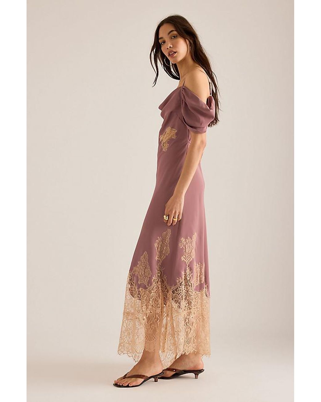 Bl-nk Natural Satin Off-Shoulder Lace Midi Dress