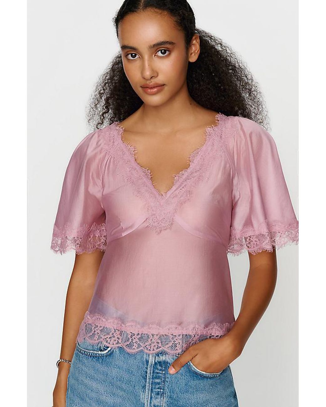 By Anthropologie Pink Silken Lace Blouse