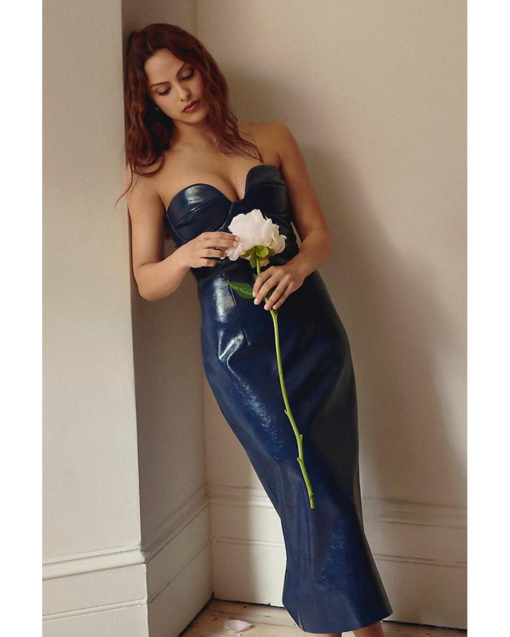 Mare Mare Faux-Leather Strapless Slim Midi Dress in Blue