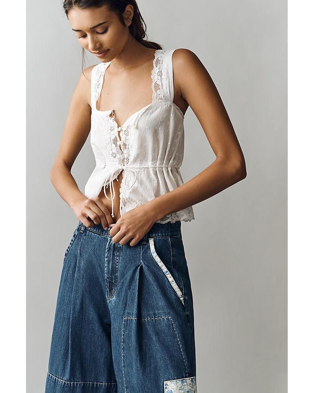 Pilcro Blue Patchwork High-Rise Crop Wide-Leg Jeans