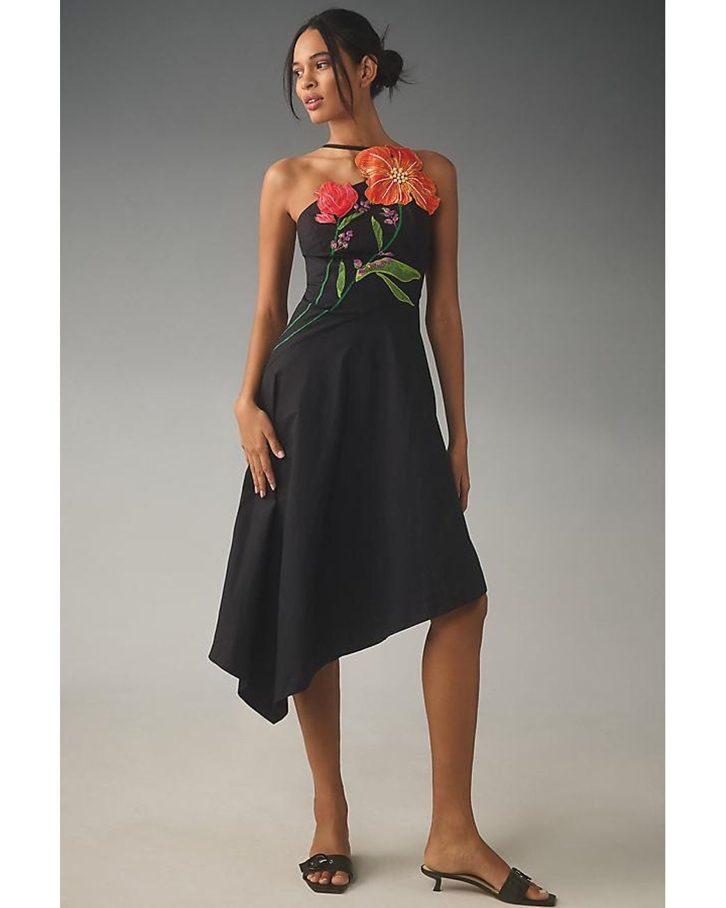 Yukiko Noritake By Anthropologie Asymmetrical Floral Midi Dress in Black |  Lyst UK