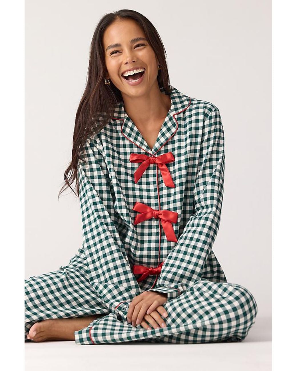 Chelsea Peers Blue Bow-Front Gingham Long Pyjama Set