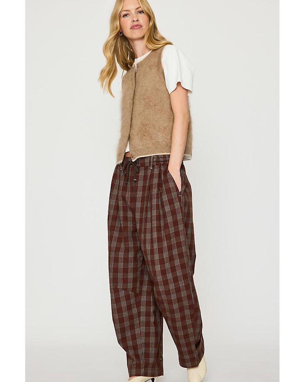 By Anthropologie Multicolor Billie Brushed Check Barrel Trousers