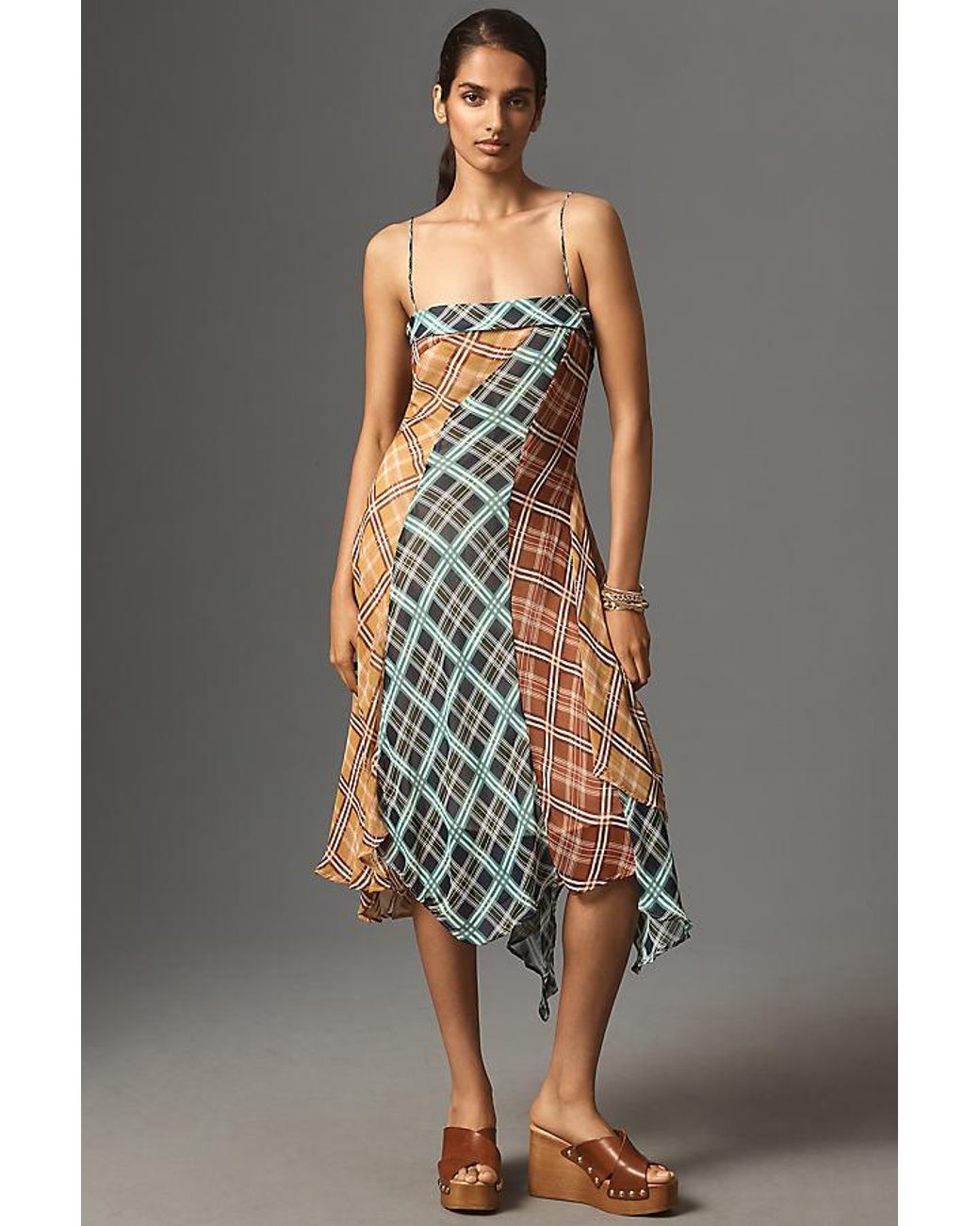 maeve sleeveless asymmetric plaid mix midi dress Maeve Sleeveless Asymmetric Plaid Mix Midi Dress