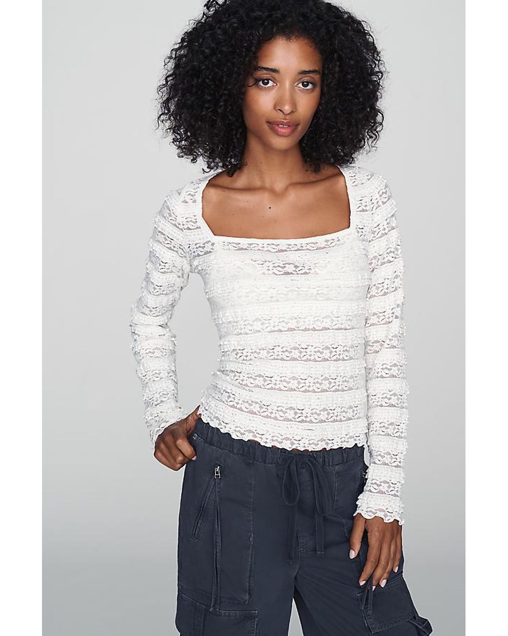 By Anthropologie White Square-Neck Lace Long-Sleeve Top