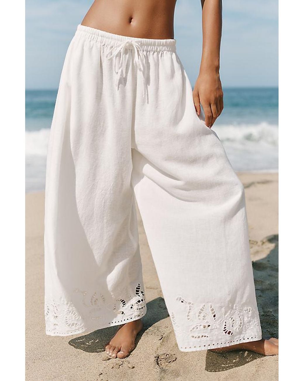 Celandine White Cutout Linen-Blend Trousers