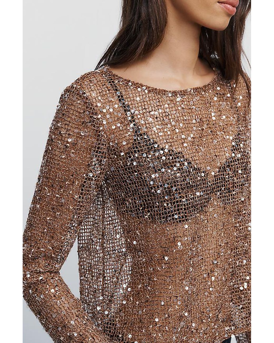 By Anthropologie Blue Sheer Sequin Crew-Neck Top