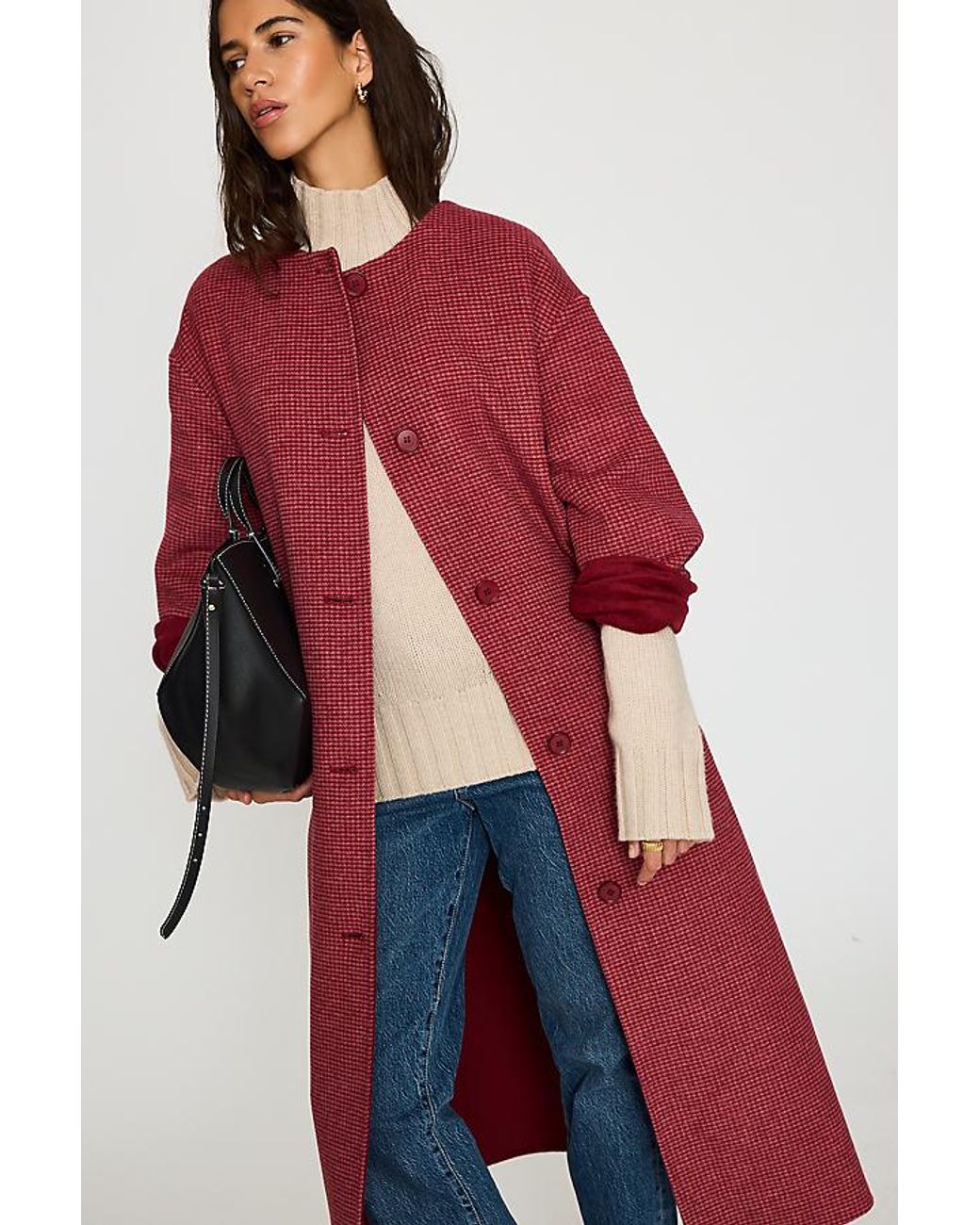 By Anthropologie Red Houndstooth Wool-Blend Scarf Coat