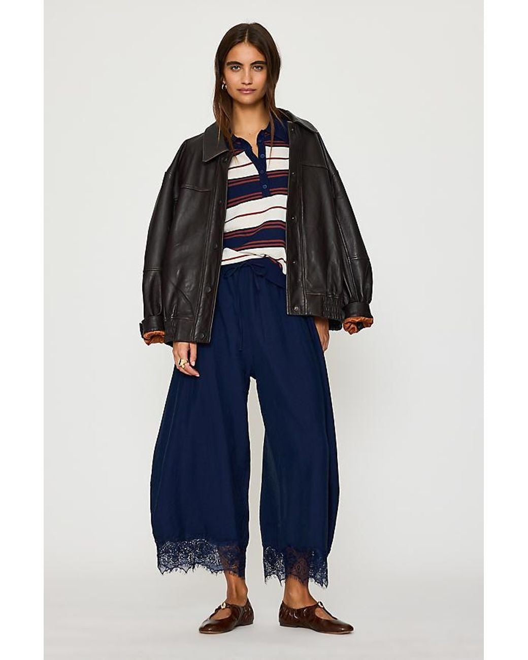 By Anthropologie Blue Reverie Cropped Lace-Hem Trousers