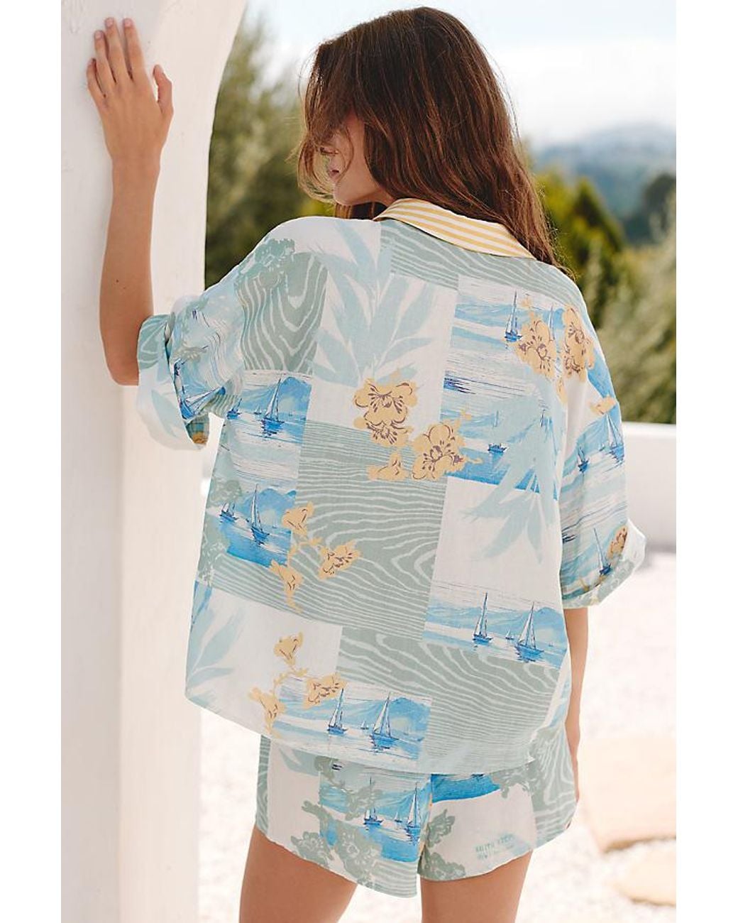 Celandine Blue Linen-Blend Printed Buttondown