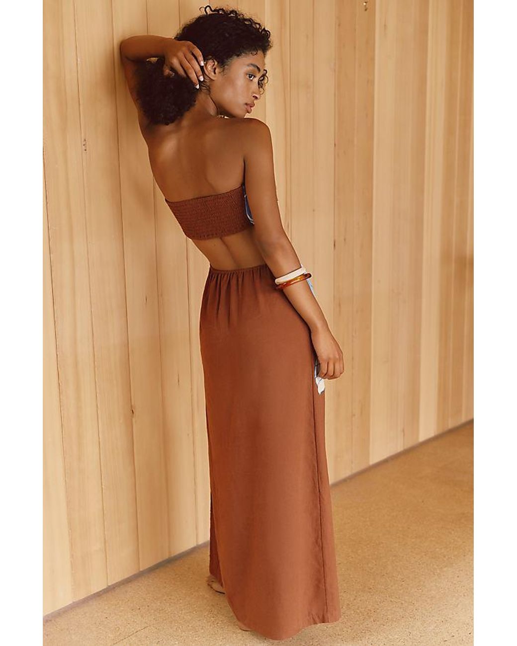 Celandine Brown The Aliza Strapless Linen-Blend Maxi Dress