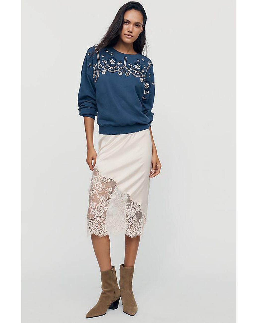 By Anthropologie Blue 100% Cotton Embroidered Sweatshirt
