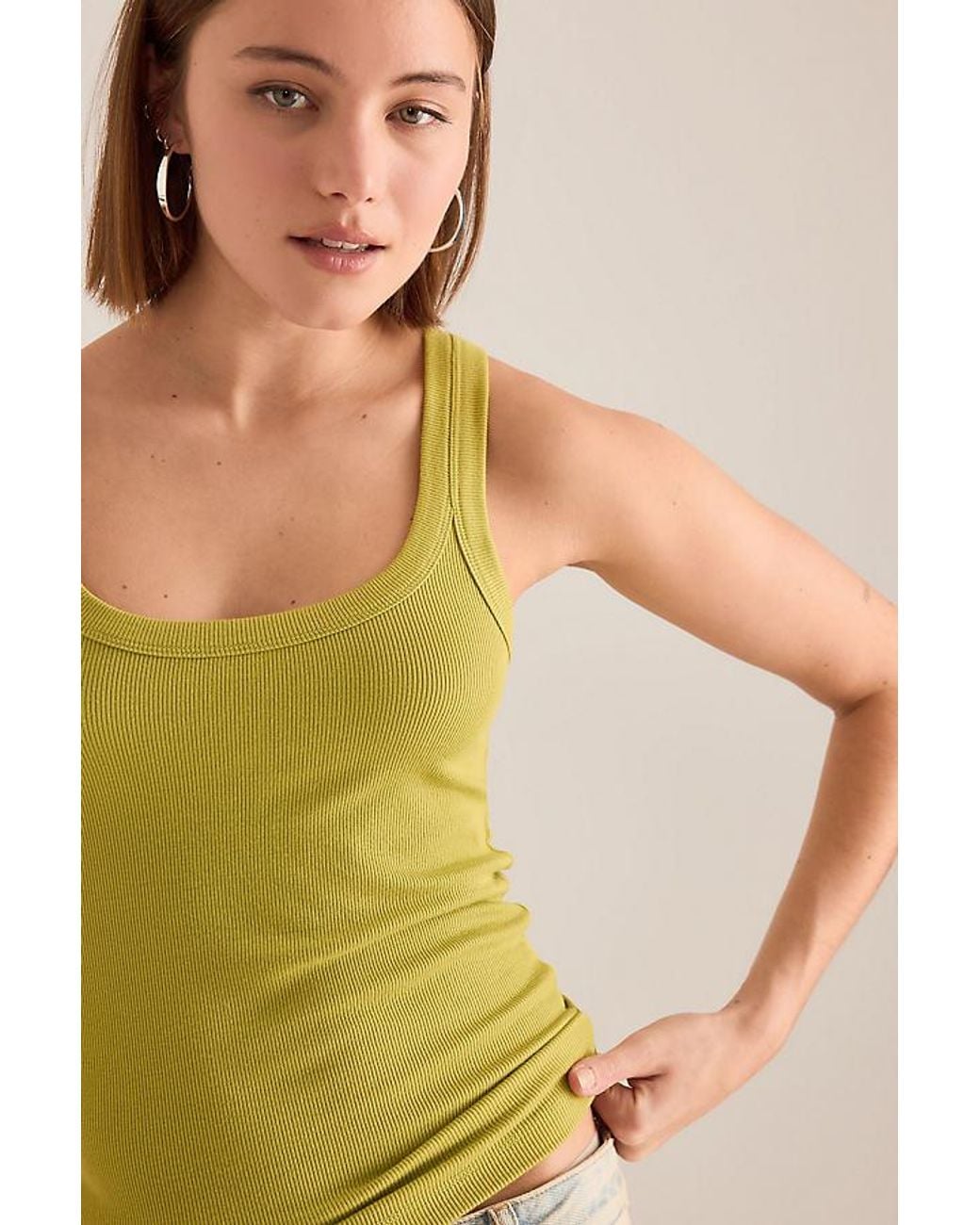 By Anthropologie Green Ribbed Scoop Tank Top