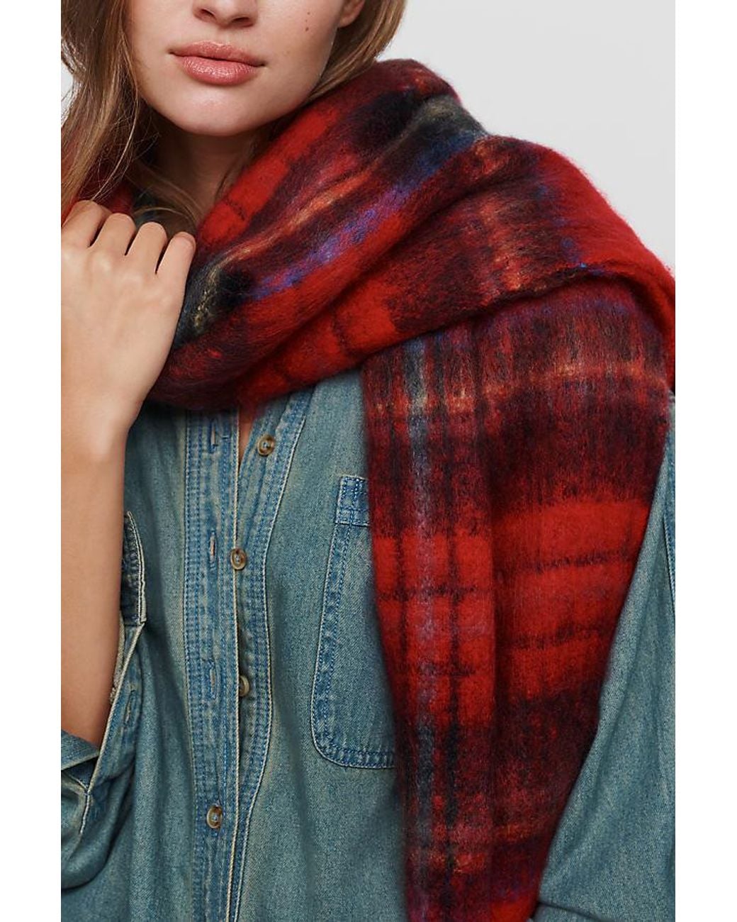 By Anthropologie Red Brushed Plaid Scarf
