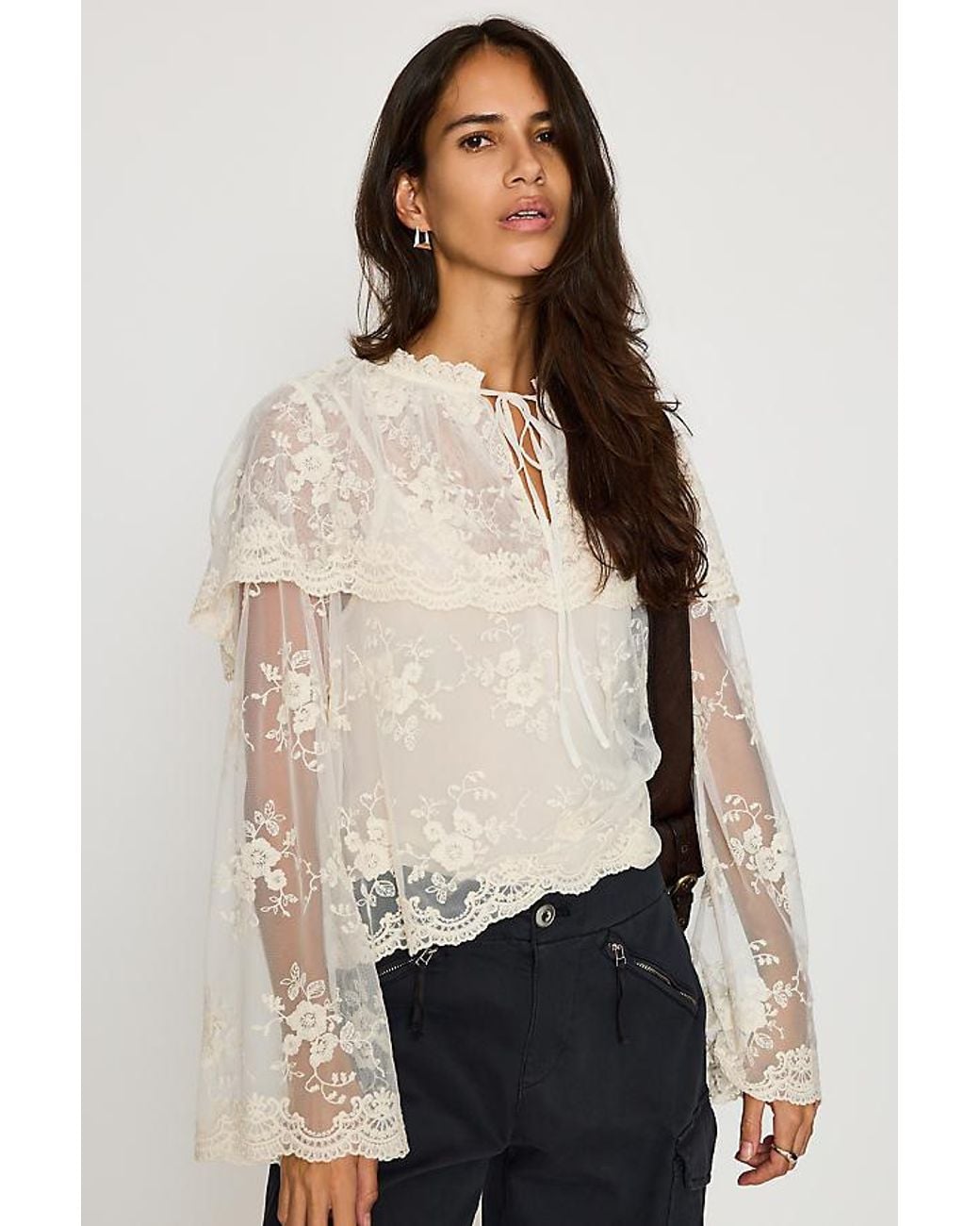 By Anthropologie Natural Long-Sleeve Cape Lace Blouse