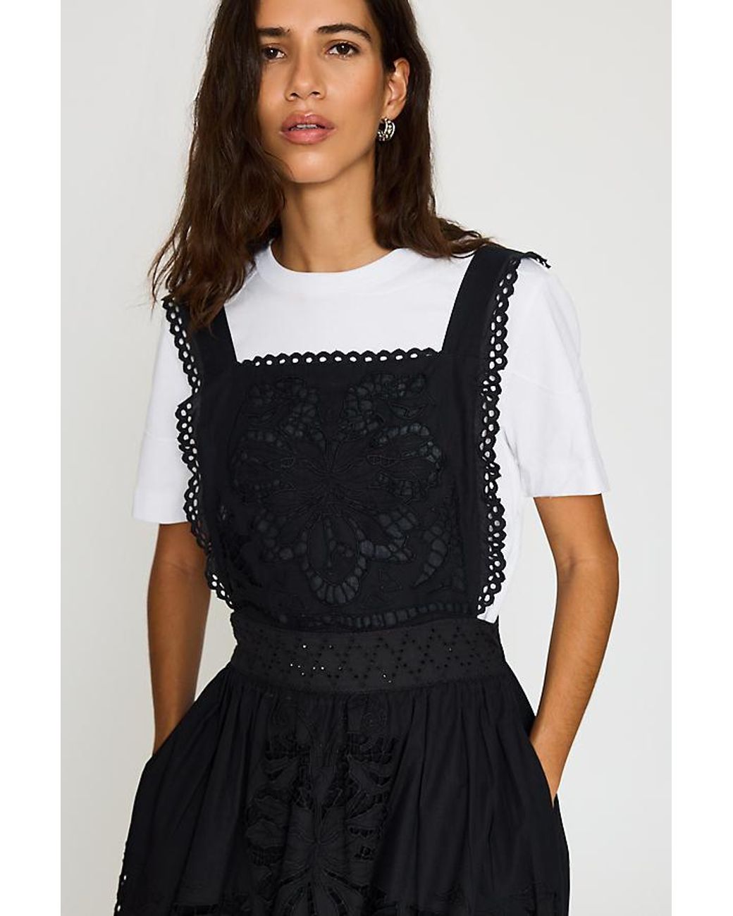 Bl-nk Black 100% Cotton Cutwork Midi Pinafore Dress