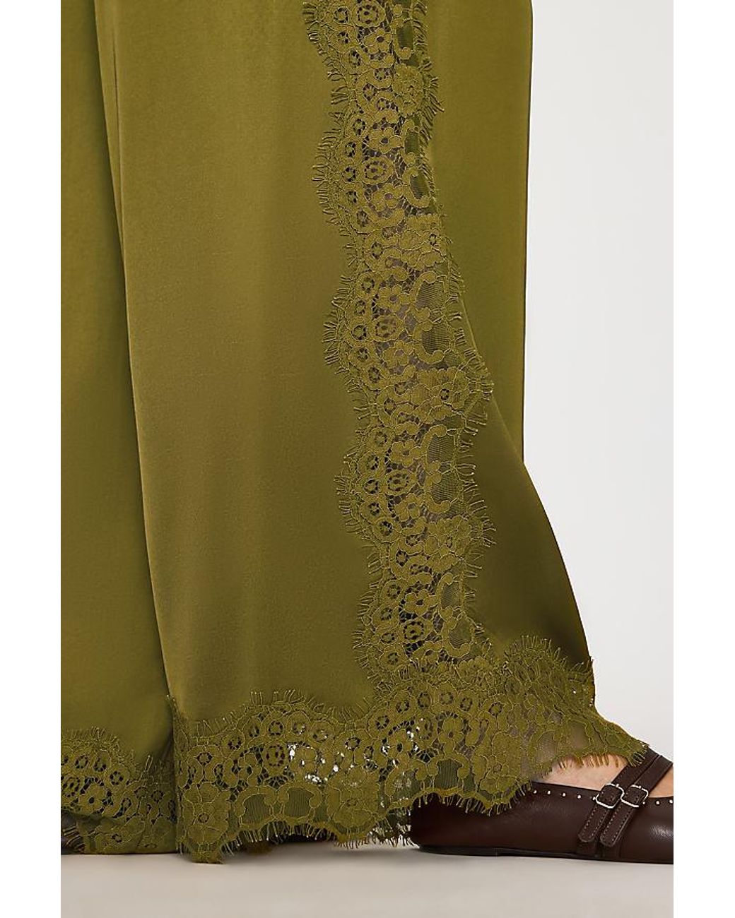 By Anthropologie Green Satin Lace Wide-Leg Trousers