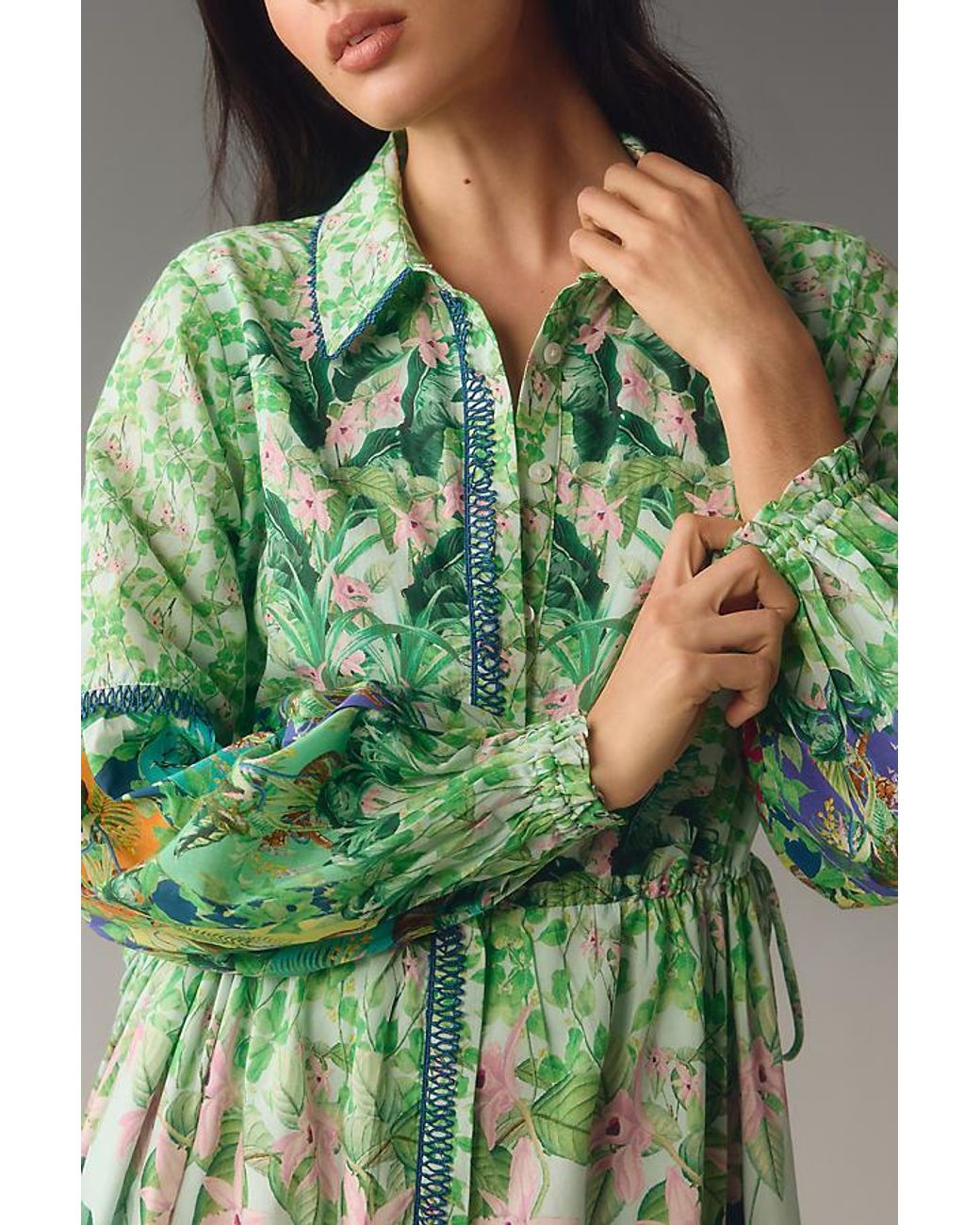 By Anthropologie Long-sleeve Printed Maxi Shirt Dress in Green | Lyst UK
