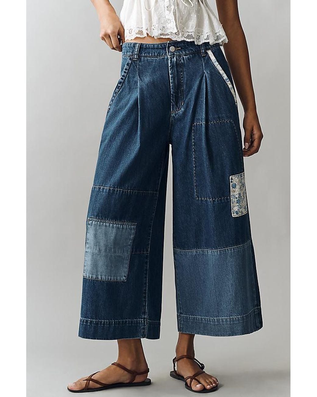 Pilcro Blue Patchwork High-Rise Crop Wide-Leg Jeans