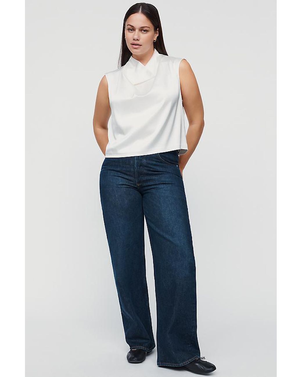 By Anthropologie White Stretch Silk Cowl-Neck Top