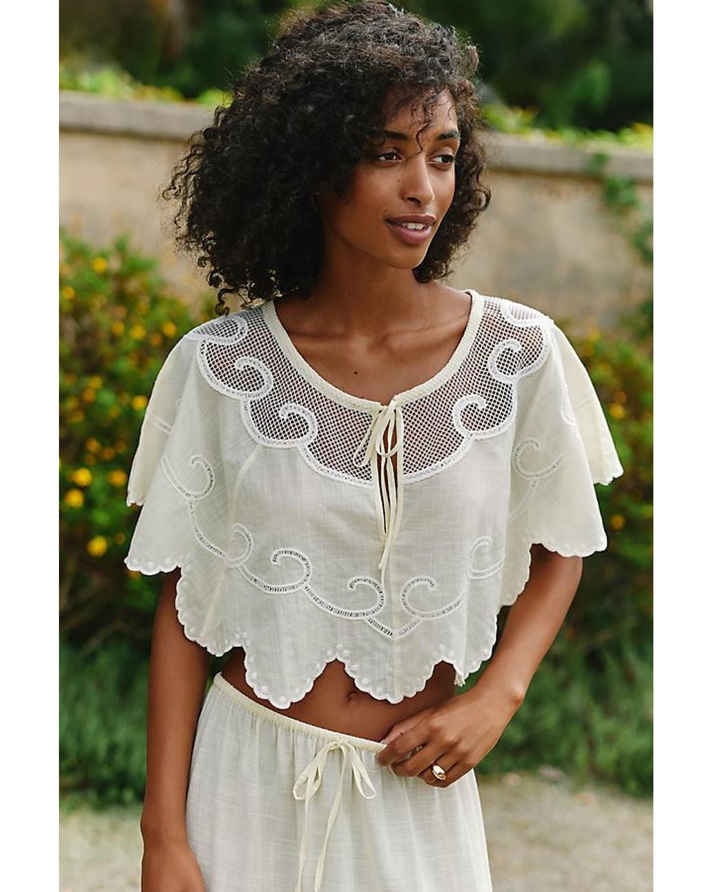 Celandine Green 100% Cotton Scalloped Cape Blouse