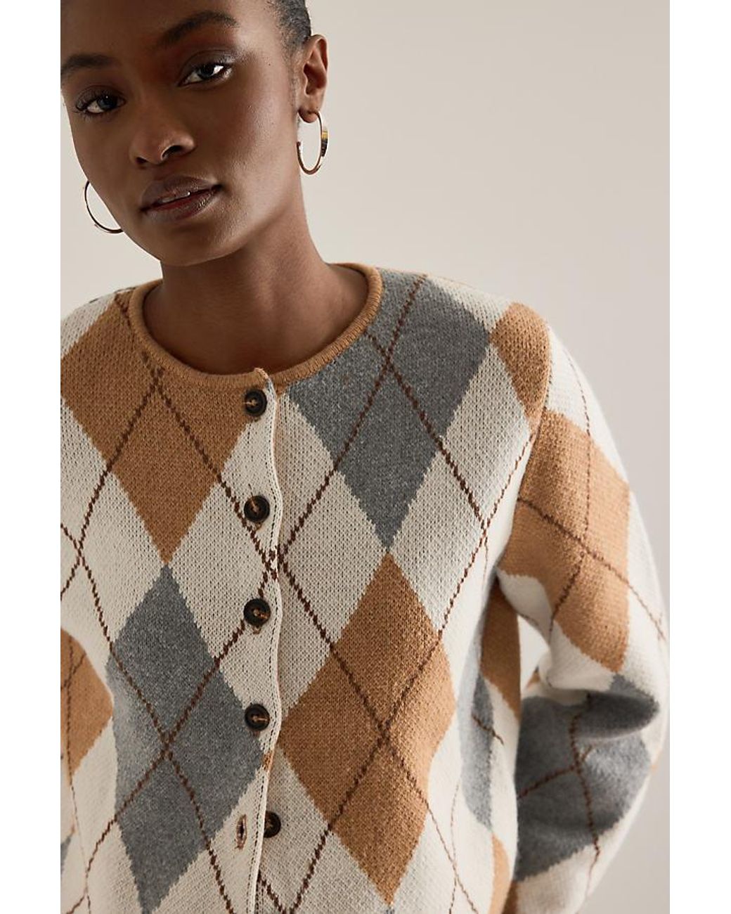 ALIGNE White Aggie Merino Argyle Fuzzy Cardigan