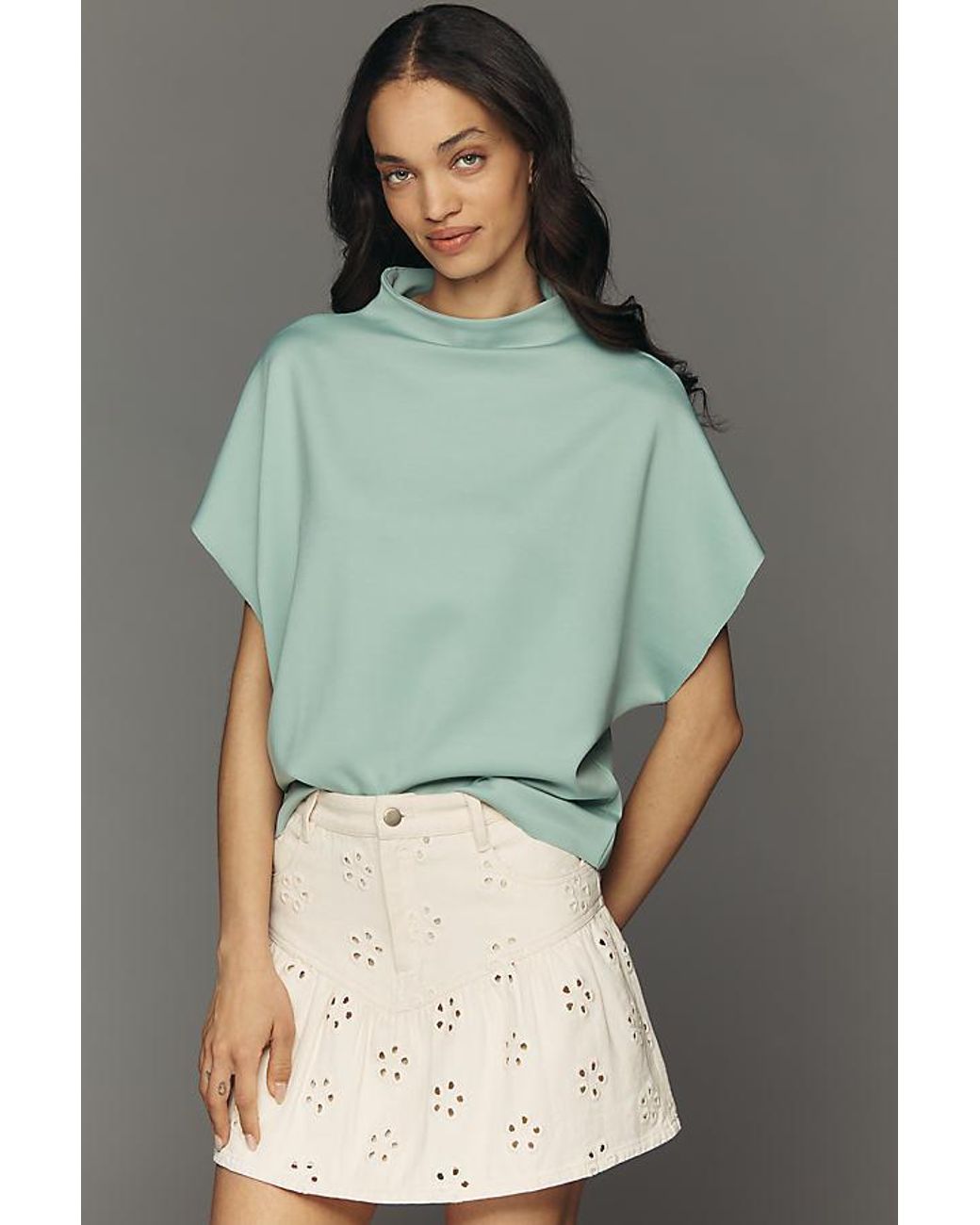 By Anthropologie Green Mock-Neck Batwing Top