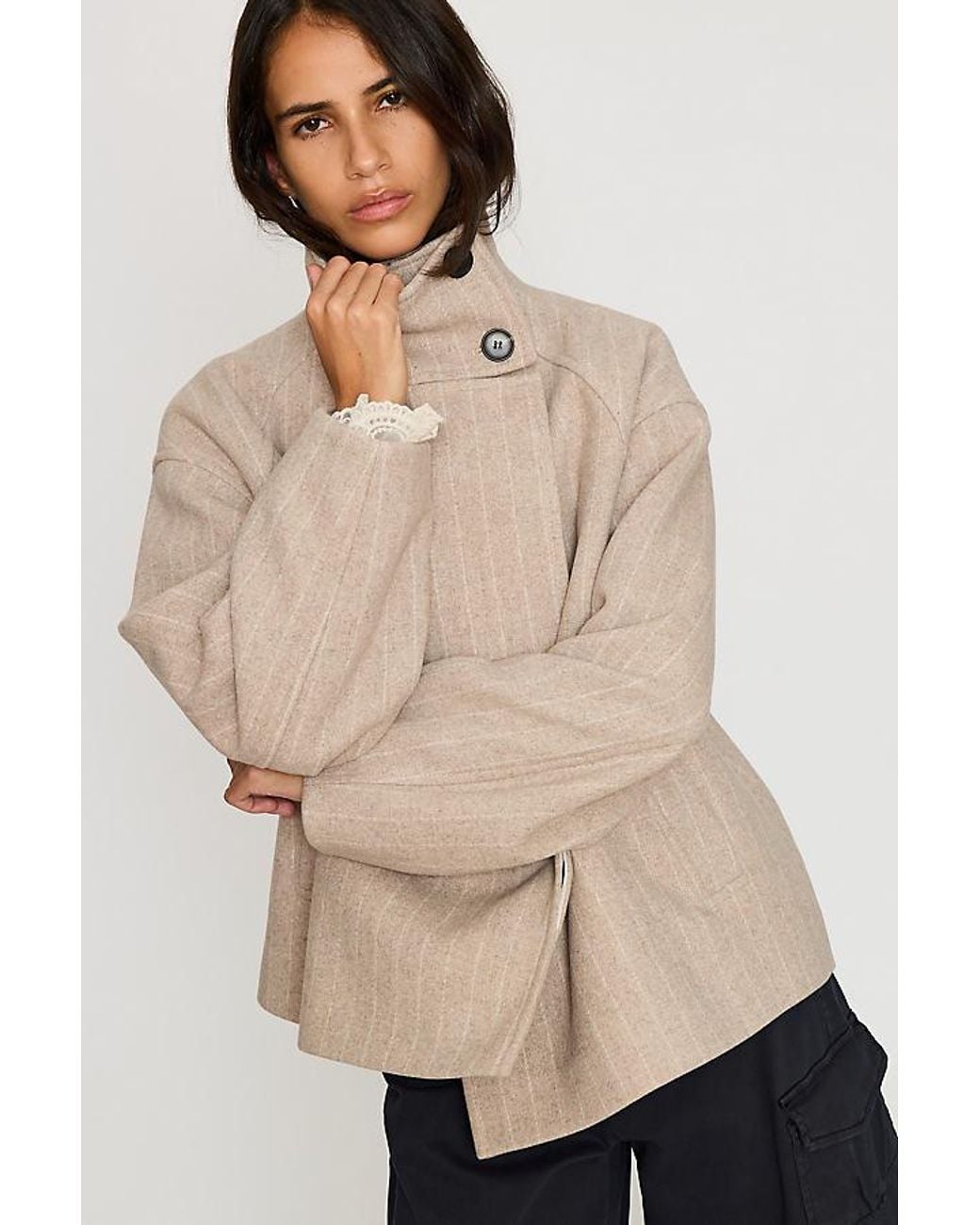 By Anthropologie Blue Funnel-Neck Stripe Wool-Blend Jacket