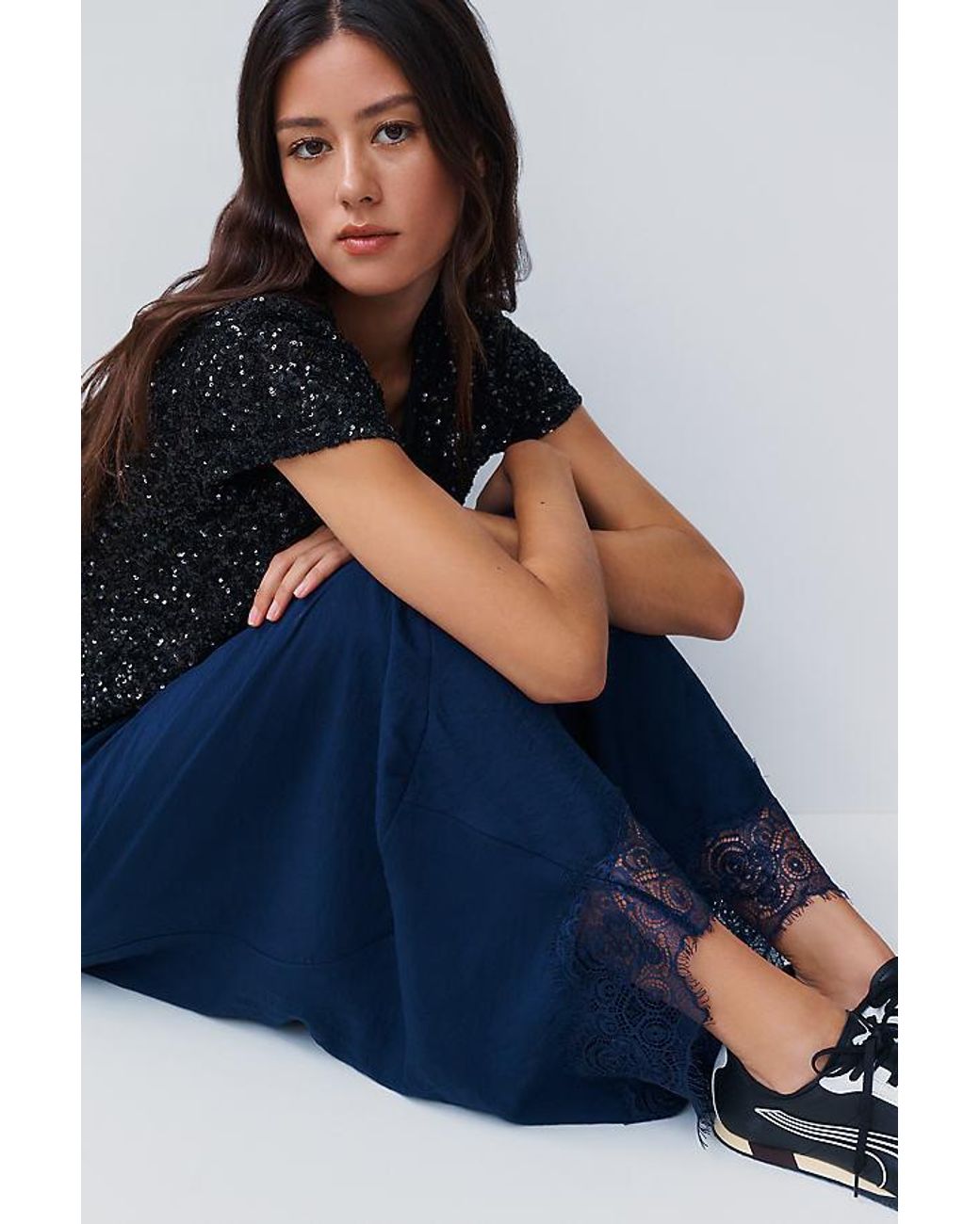 By Anthropologie Blue Reverie Cropped Lace-Hem Trousers
