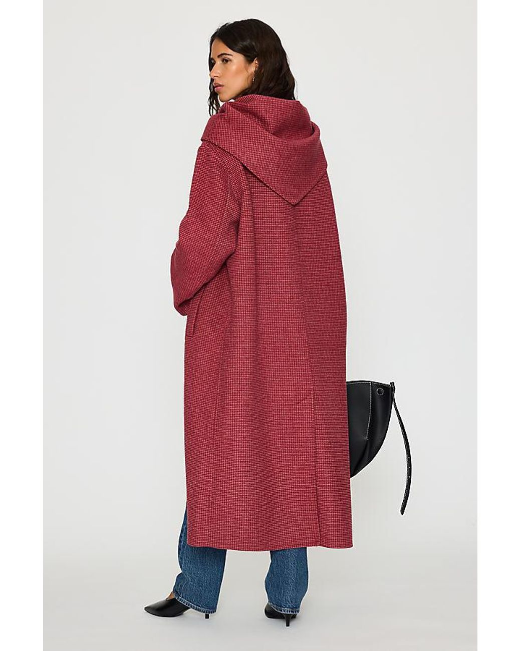 By Anthropologie Red Houndstooth Wool-Blend Scarf Coat